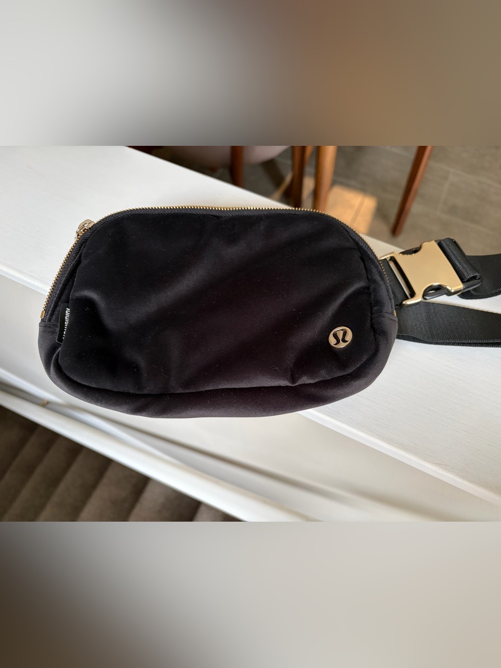 lululemon athletica Black Velvet Belt Bag with Gold Logo Accent